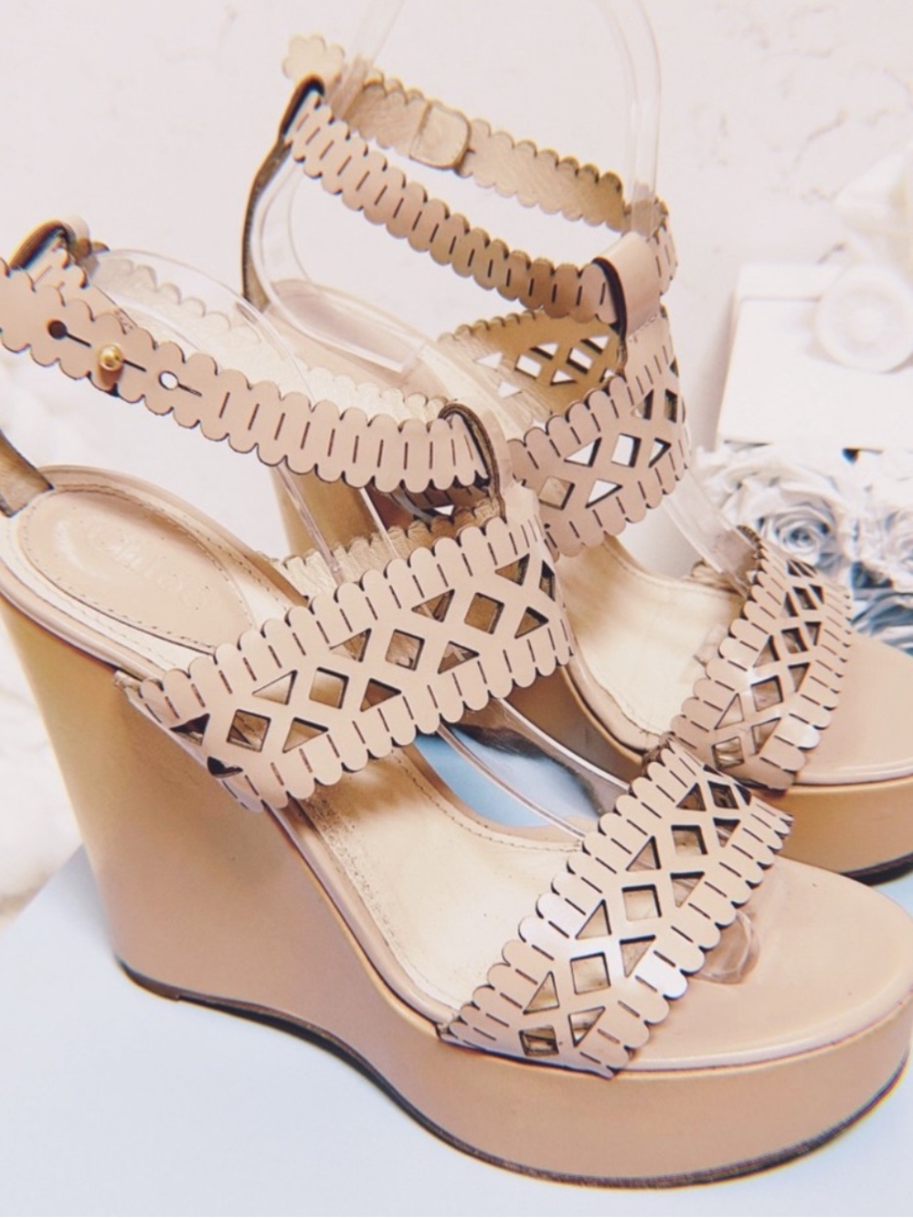 Authentic CHLOE Nude Leather Scalloped / Perforated Sandals / Wedges